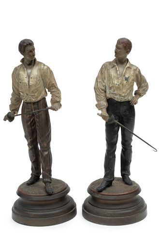 After Rene Charles Masse (French, 1855-1913) Spelter Pair Of Sculptures, Ca. 1900-1910, Swordsmen, 2 pcs