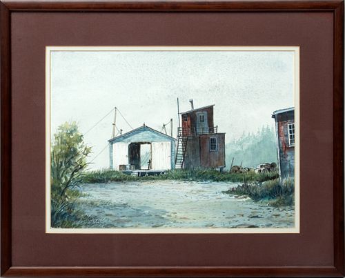 Michael Derbyshire, Watercolor Ca. Water Scene With Fishing Shacks, H 10.5'' W 14.5''