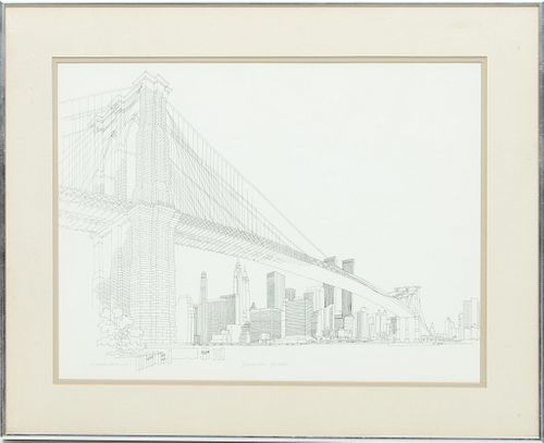 Richard Welling (American, 1926-2009) Lithograph On Paper, Brooklyn Bridge, H 14'' W 21.5''