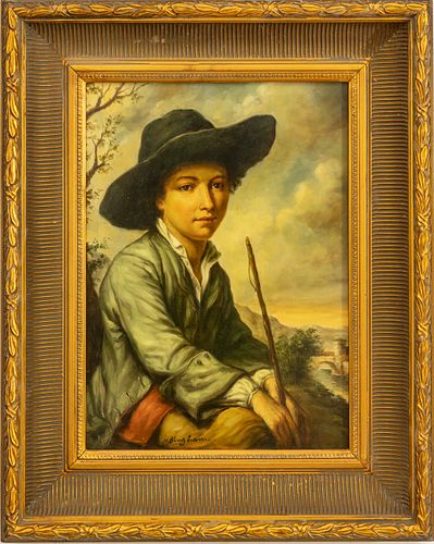 Bearing Signature N. Bingham Painting On Porcelain Plaque  Late 20th C., Young Fisherman, H 15'' W 11''