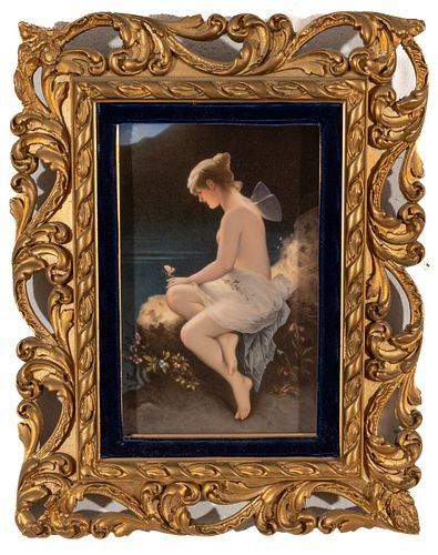 After Wilhelm Kray (German, 1828-1889) Painting On Porcelain Plaque Ca. 1900, Psyche With Butterfly, H 9'' W 5.5''