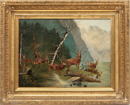 Oil On Board, Early 20th C., Elk At River's Edge, H 21'' W 27''