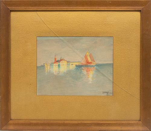 M. Wade, Watercolor On Paper,  1914, Sailboat In A Harbor, H 8.5'' W 10.5''