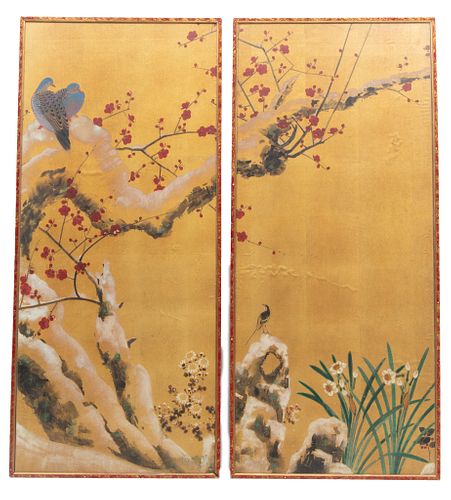 Pair of Chinese Prints  20th C., Cherry Blossoms With Birds, H 45.5'' W 19.5''