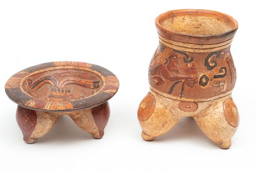 Pre-Colombian Style Pottery Vase And Censer, H 7.5" And 3.25", 2 pcs