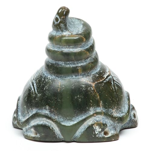 Chinese Hongshan Style Carved Hardstone Sculpture Of A Two Headed Turtle With Coiled Snake H 5.75'' L 5.5''