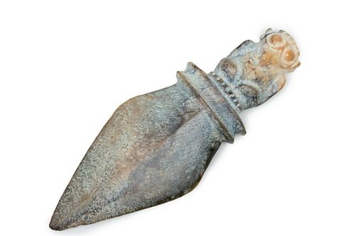 Chinese Hongshan Style Caved Hardstone Dagger, W 4.25'' L 11.25''