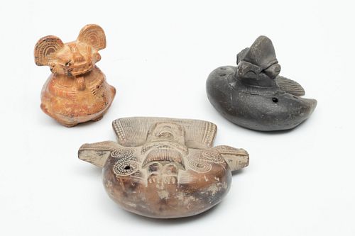 Pre-Colombian Style Ceramic Whistles, H 3.5", 5.75", 3.75", 3 pcs
