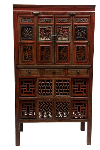 Chinese Carved Wood And Lacquered Cabinet Ca. 19th C., H 67.75'' W 37.5'' Depth 20''