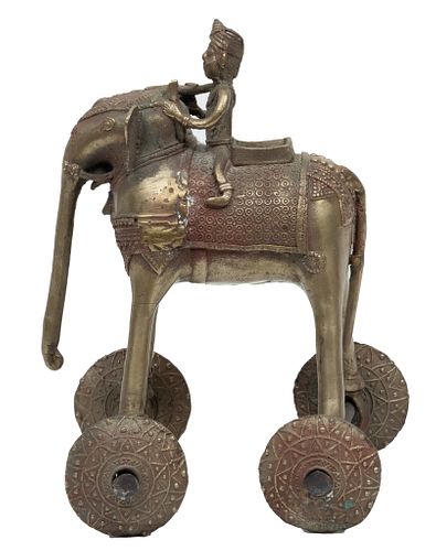India, Brass Warrior Upon Elephant & Wheels, Temple Toy11.5"H. Ca. 1900