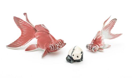 Koi Fish & Panda Glazed Porcelain Figurines, H 2'' W 3'' L 5'' 3 pcs