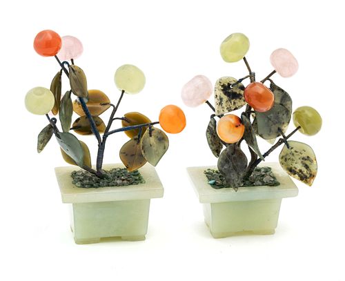 Pair of Jade, Rose Quartz & Carnelian Miniature Fruit Trees, H 4.5''