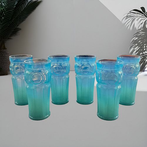 6 Wheaton Blue Opalescent Bullseye Drinking Glasses