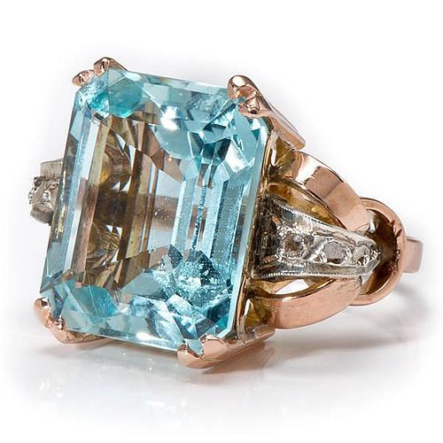 18 Karat Rose Gold and Silver Aquamarine and Diamond Ring 