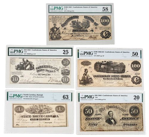 Five Graded Civil War Era Southern Bank Notes 