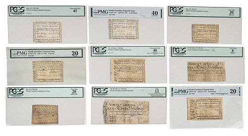 Nine Graded North Carolina Colonial Bank Notes