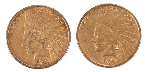 Two 1907 Indian Head $10 Gold Coins 