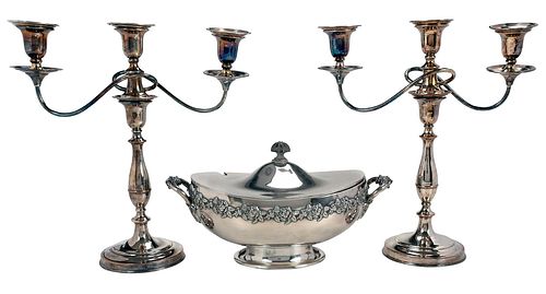 Silver Plate Tureen and Pair Candelabra 