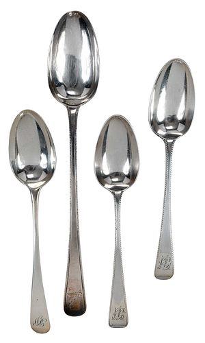 Four George III English Silver Serving Spoons, Hester Bateman