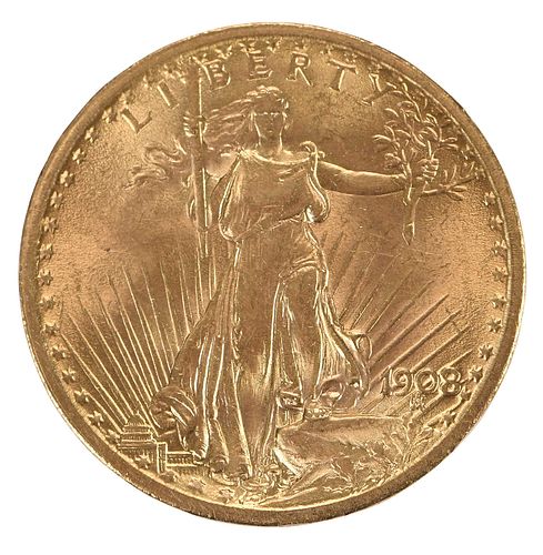 1908 St. Gaudens $20 Double Eagle Gold Coin 