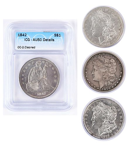 Four U.S. Silver Dollars, Seated Liberty and Morgan 