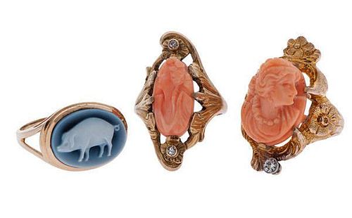 Cameo Rings Featuring Coral and a Unique Swine Cameo in Karat Gold 