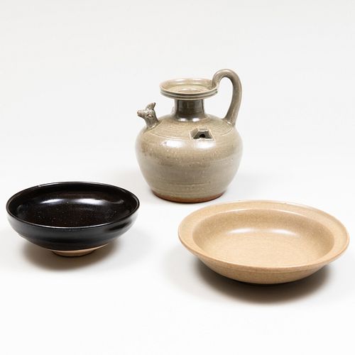 Two Chinese Glazed Pottery Dishes and a Chicken Ewer 