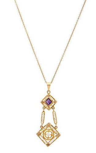 Necklace Featuring an Amethyst and Diamond in 14 Karat 