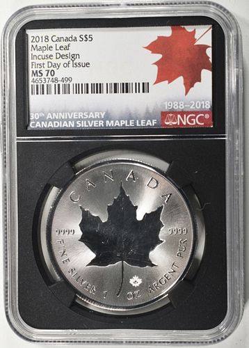 2018 CANADIAN  $5 SILVER MAPLE LEAF NGC MS 70
