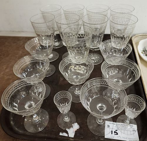 TRAY 18 PC 19TH C HAND BLOWN CUT ETCHED STEMWARE
