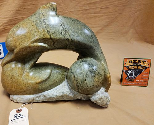 INUIT CARVED SOAPSTONE 2 DOLPHINS 11 1/2"H X 13"W X 6"D