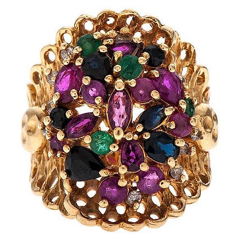 Ruby, Sapphire, Emerald and Diamond Cluster Ring in 18 Karat 