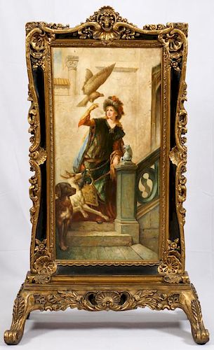ROCOCO-STYLE HAND PAINTED FIRE SCREEN 20TH C.
