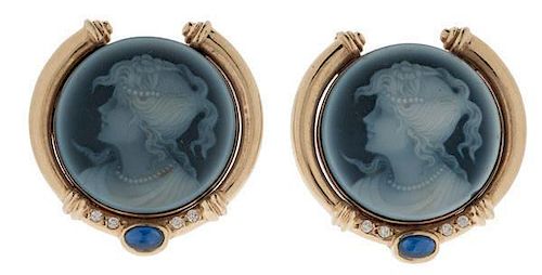 Cameo Earrings with Diamonds and Sapphires in 14 Karat 