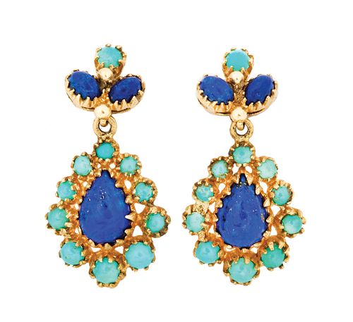 Vintage Lapis and Turquoise Drop Earrings Set in Gold