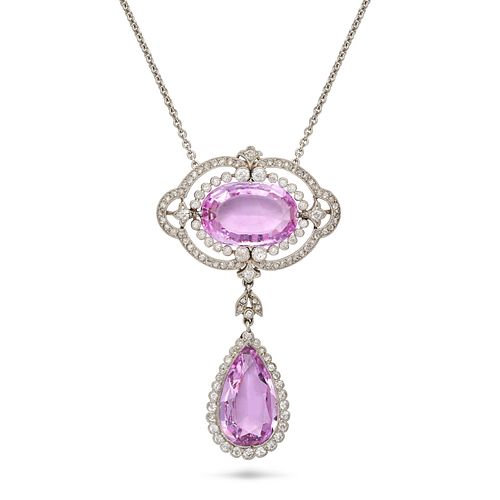 A FINE ANTIQUE BELLE EPOQUE FRENCH PINK TOPAZ AND DIAMOND PENDANT NECKLACE, EARLY TWENTIETH CENTU...