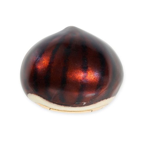 BULGARI, A VINTAGE ENAMEL CHESTNUT PILL BOX in 18ct yellow gold, the box designed as a chestnut r...