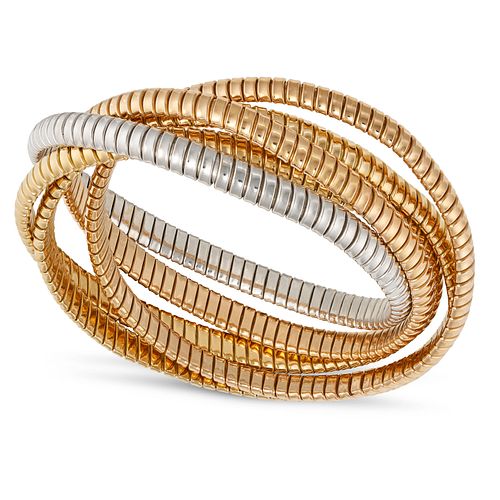 A FIVE ROW GOLD BRACELET in 18ct yellow, white, and rose gold, comprising five interlocking flexi...