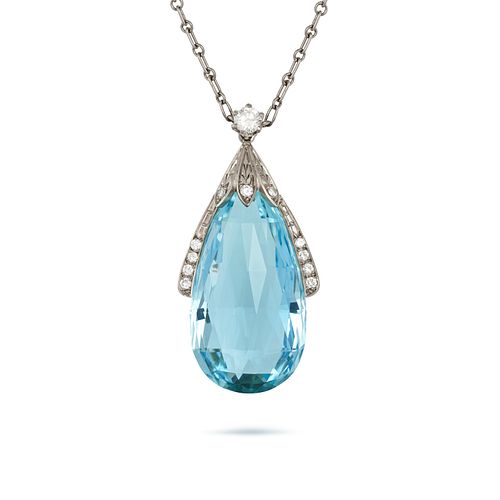 A DIAMOND AND AQUAMARINE PENDANT NECKLACE in 18ct white gold, the pendant set with a round brilli...