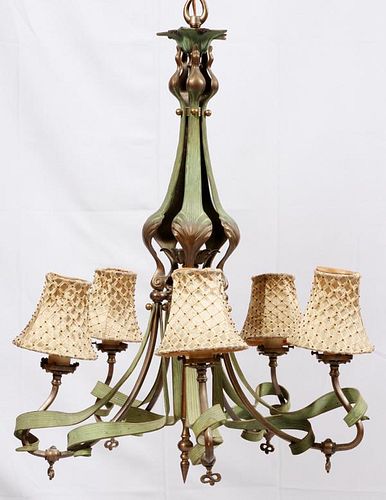 ART DECO STYLE WROUGHT IRON AND COPPER CHANDELIER
