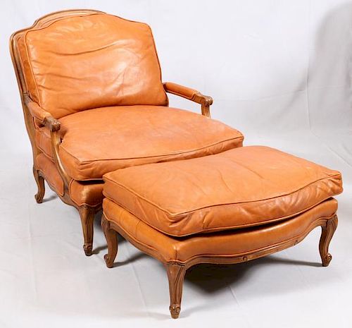 SAM MOORE FURNITURE LEATHER CHAIR AND OTTOMAN