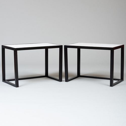 Pair of Contemporary Ebonized and Painted Grass Mat Low Tables