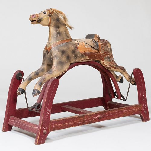 Victorian Grey Spotted Painted, Metal, Horsehair and Fabric Rocking Horse