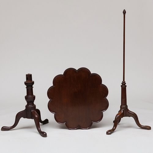 George II Mahogany Trefoil Tripod Table Top, an Unassociated Mahogany Tripod Base, and a Base for a Pole Screen