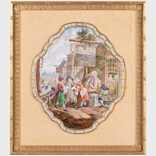Set of Four Continental Faience Plaques with Village Scenes