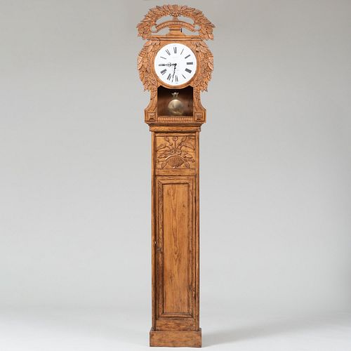 French Provincial Carved Pine Tall Case Clock, Dial Signed a Douvrend