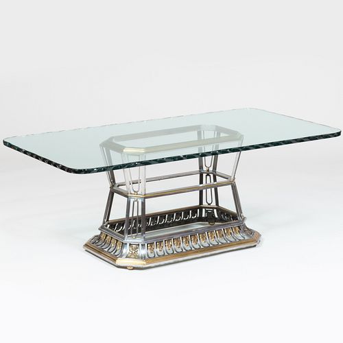 Contemporary Wrought Iron and Brass Low Table with Ridged Edge Glass Top