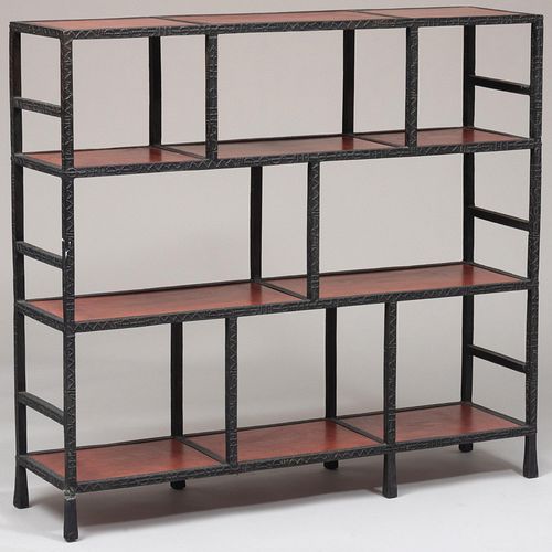 Contemporary Metal and Leather-Inset Four-Tier Bookshelf