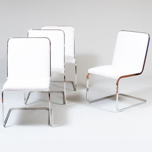Set of Four Chrome and White Suede Cantilever Side Chairs