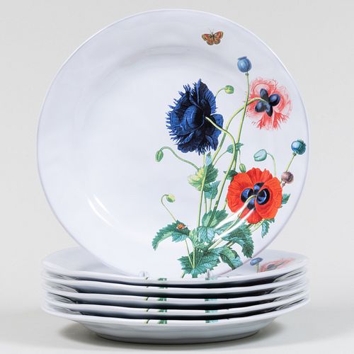 Set of Six Juliska Feild Porcelain Dinner Plates in the 'Oriental Poppies' Pattern